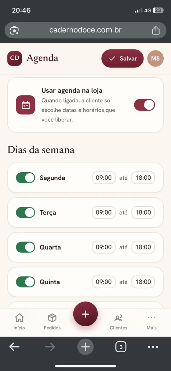 Agenda com dias da semana e horários de atendimento