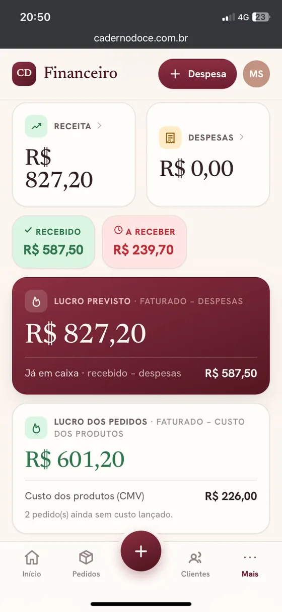 Financeiro com receita, despesas, a receber e lucro previsto