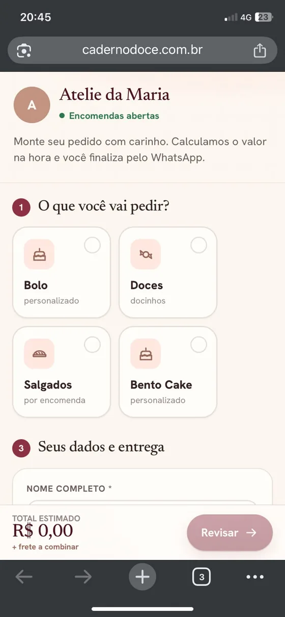 Loja online da confeiteira onde a cliente monta o pedido